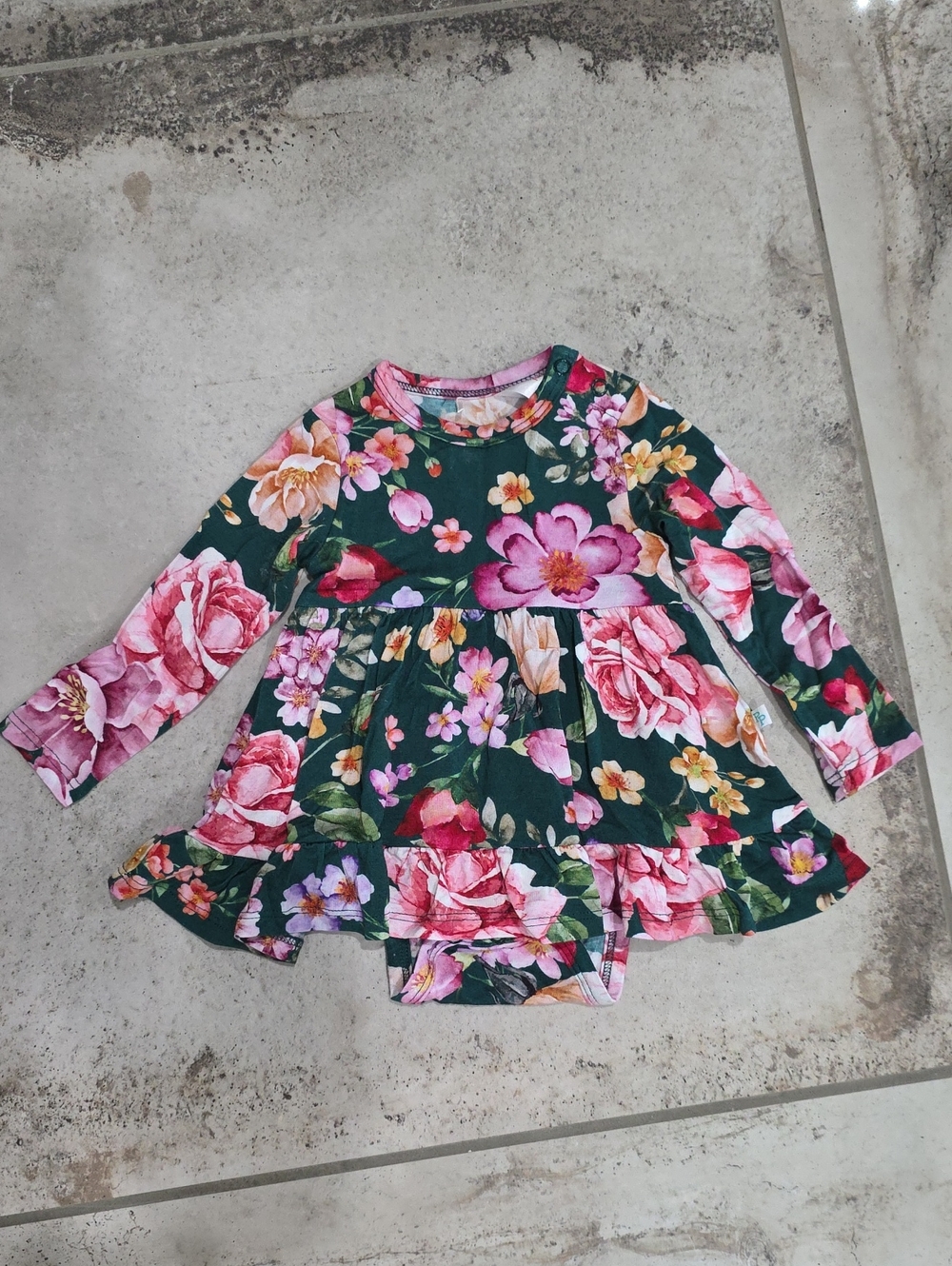 Posh Peanut 0-3M Girls Floral Long Sleeve Ruffle Dress Bodysuit - Green & Pink